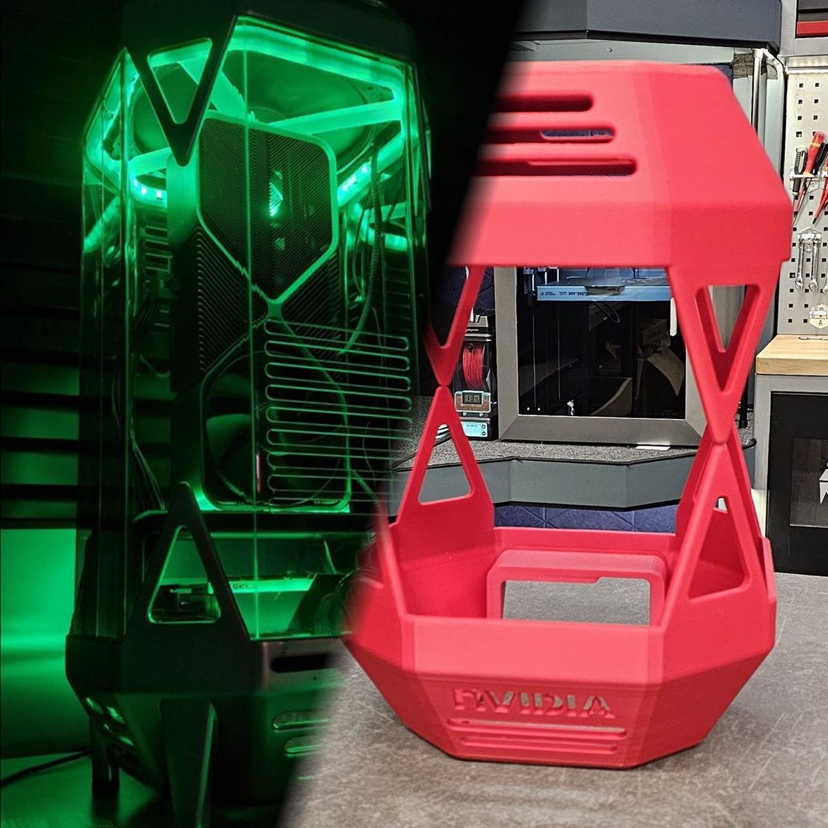 Een ruwe rode print van een pc-behuizing naast de afgewerkte versie, groen verlicht