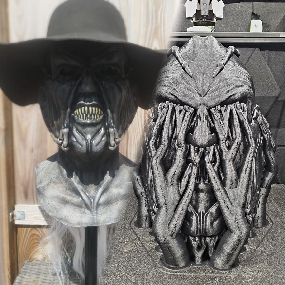 Een afgewerkt masker in filmstijl op een buste, naast het geprinte beeld waaruit het ontstond
