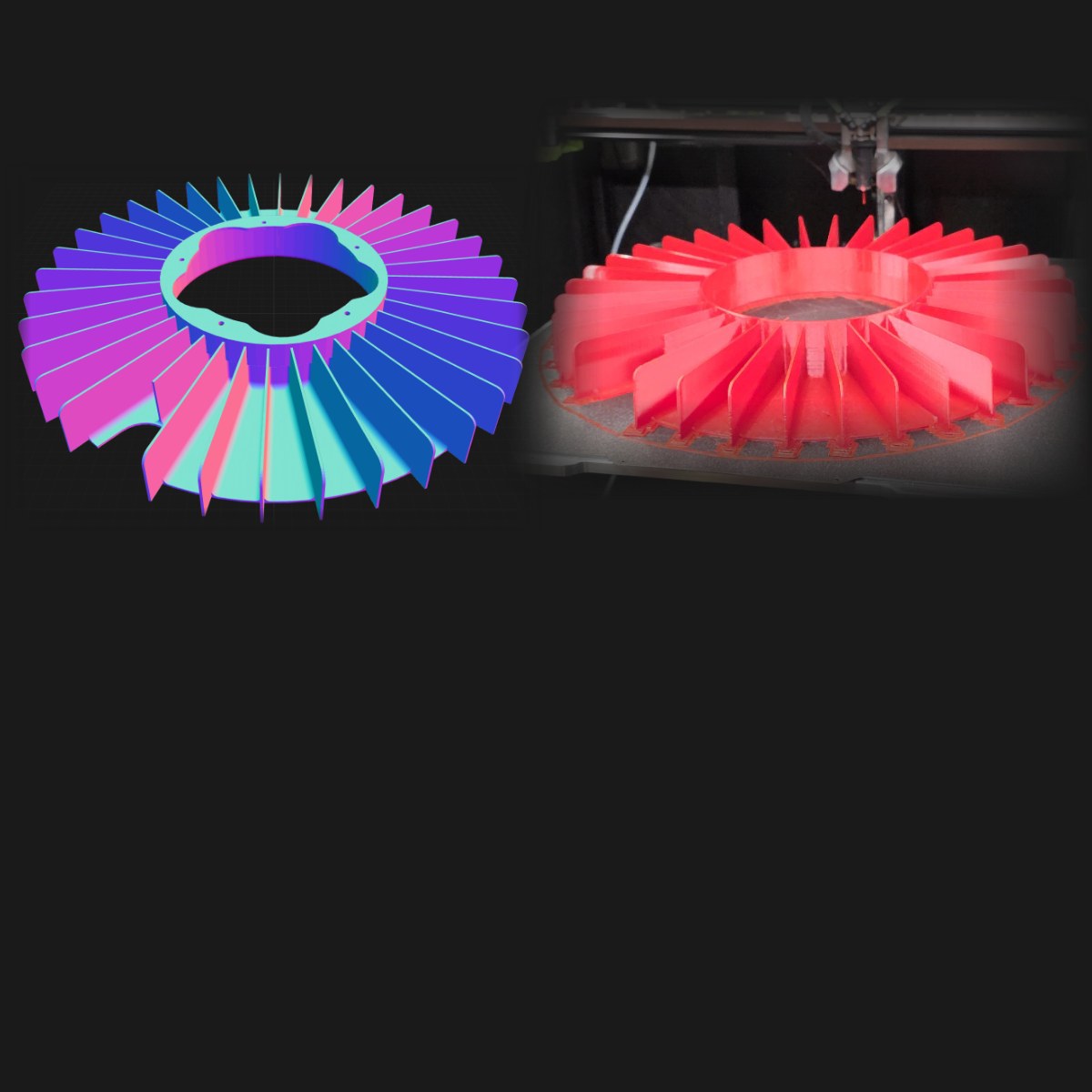 Links het 3D-model van een waaier, rechts dezelfde waaier op de printer