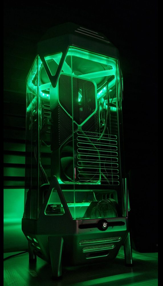 Tower build with printed panels, lit in green