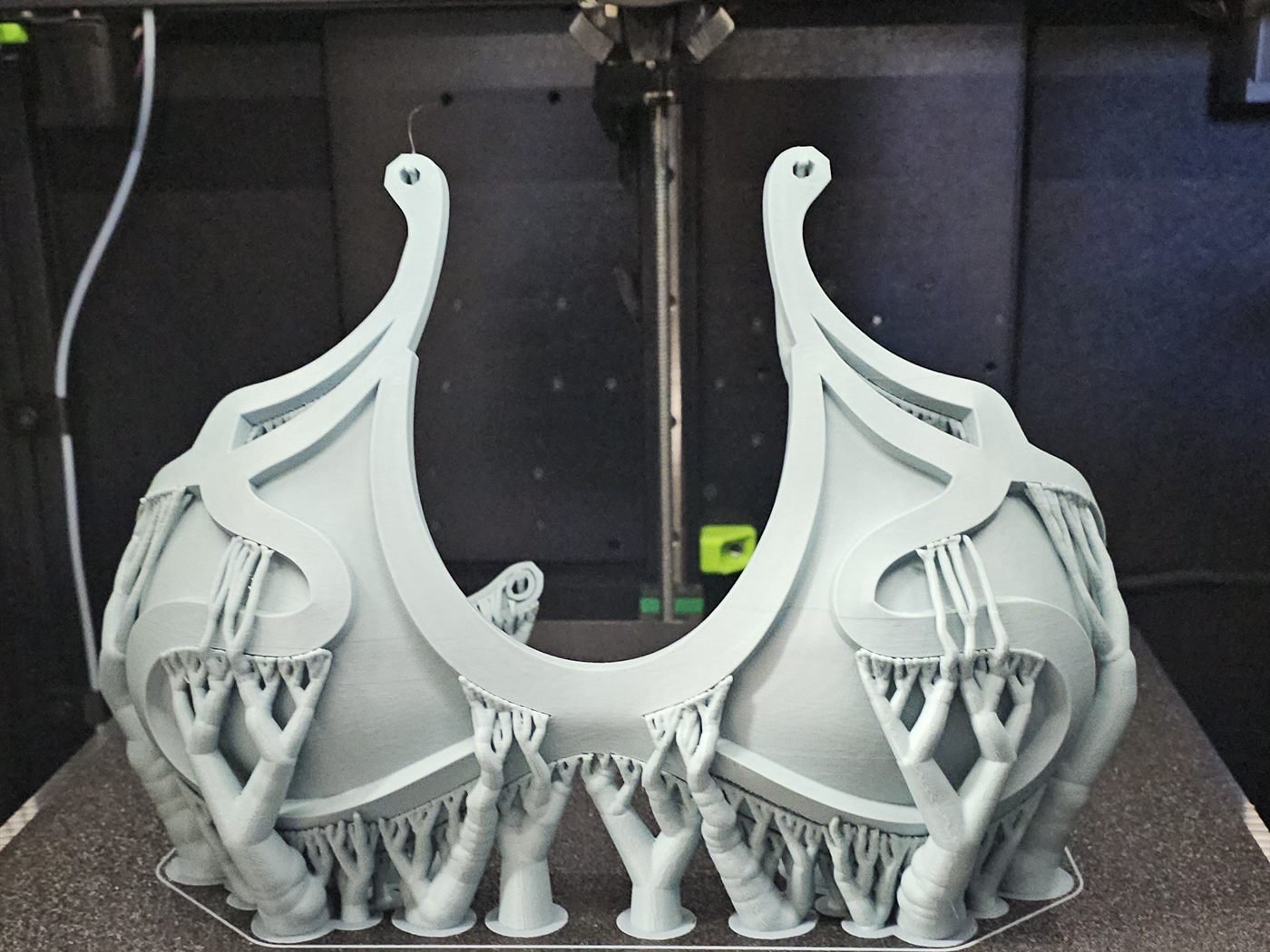 Large costume piece on the build plate, support structures still attached